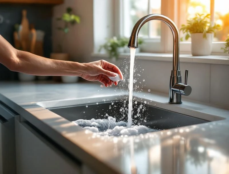 Clean kitchen sink with water flowing freely after Chattanooga drain cleaning service