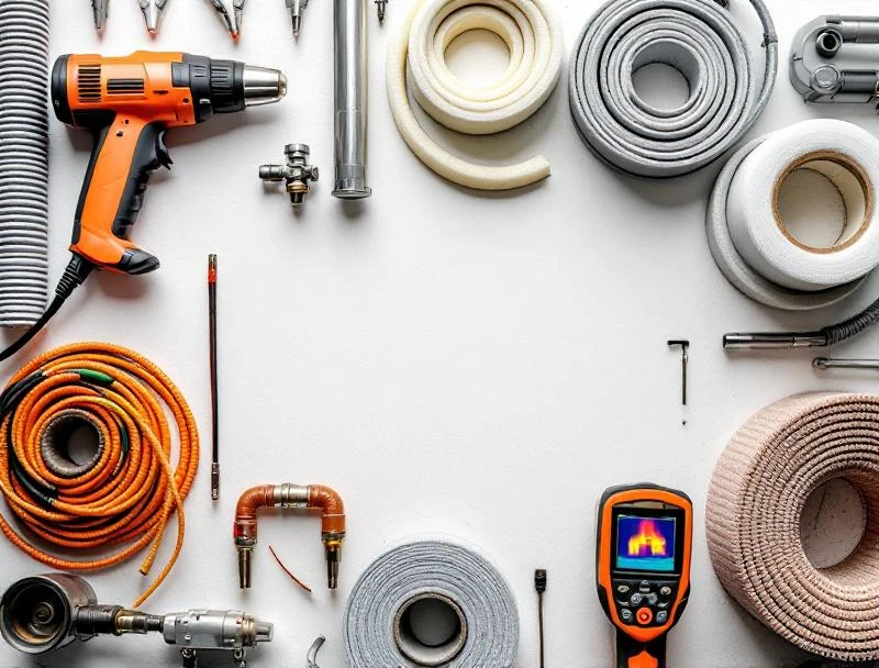 Frozen pipe equipment — heat gun, electric pipe thawer, foam sleeves, heat-trace cable, frostproof sillcock