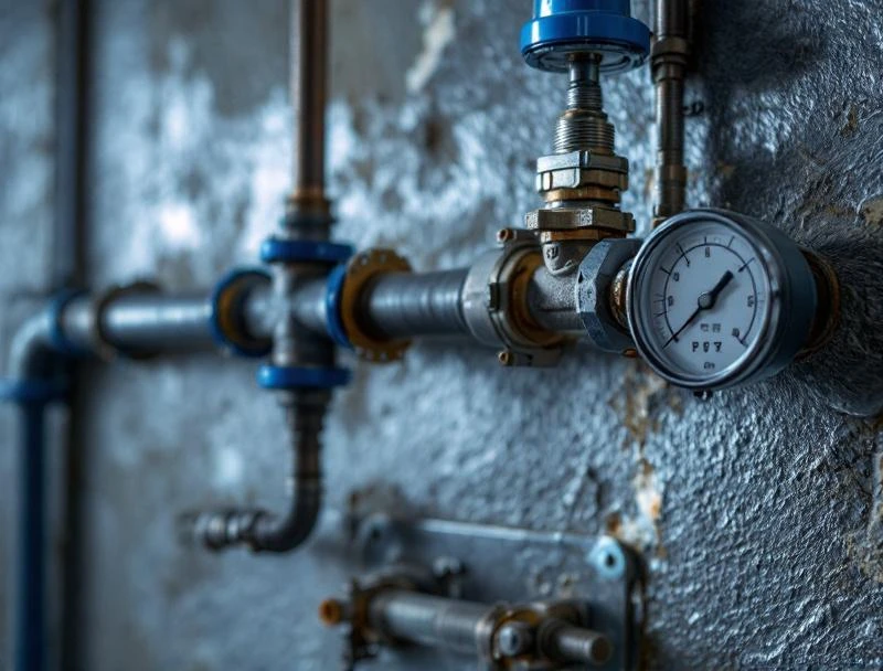 Clean black iron gas line with new shutoff valve, sediment trap, and pressure test gauge — Chattanooga finish