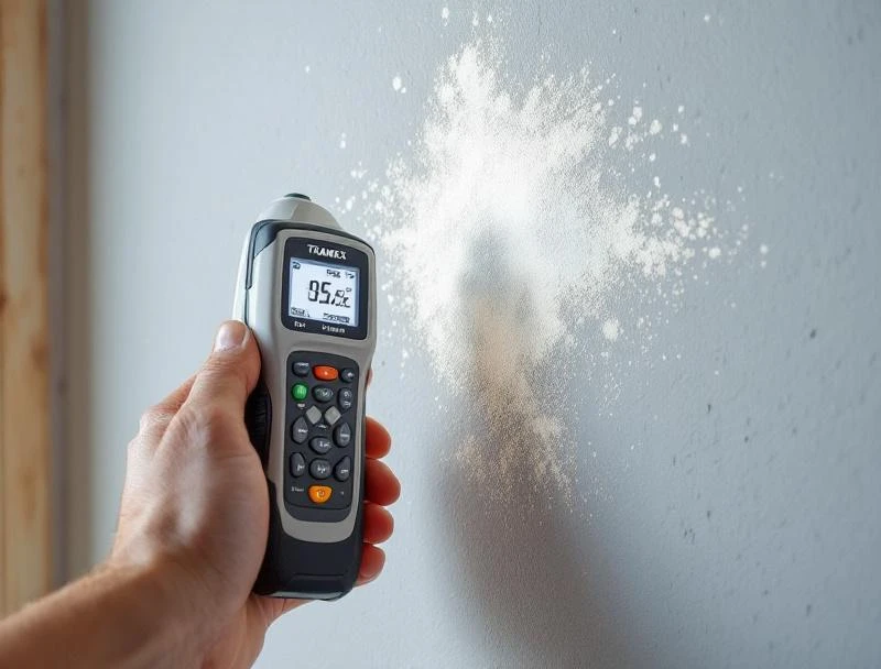 Tramex pinless moisture meter against drywall showing elevated reading near faint moisture stain