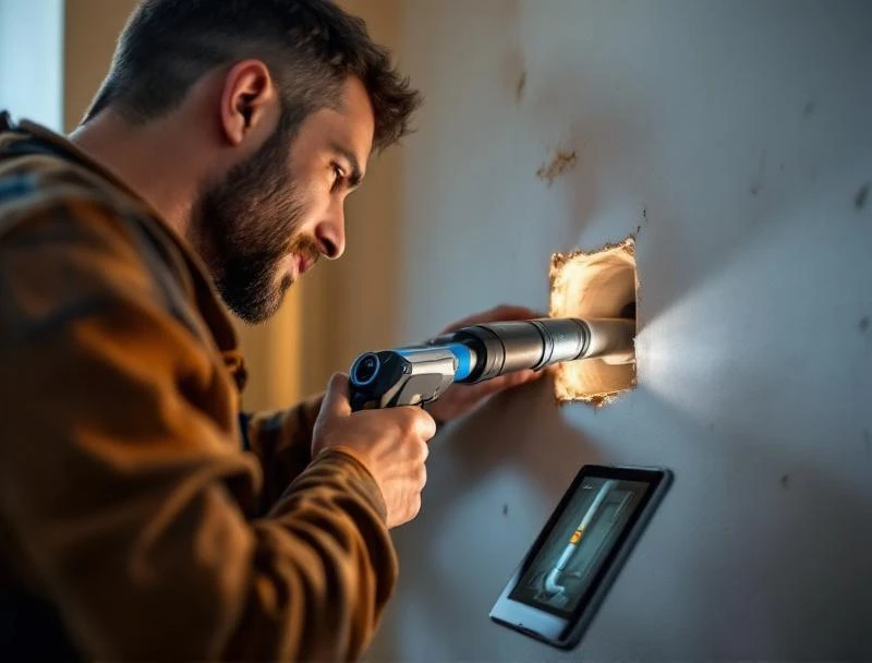 Plumber operating borescope camera through drywall access hole during Chattanooga leak detection