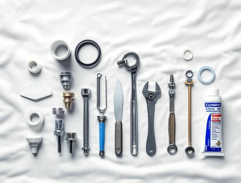 Toilet repair tools — flapper, fill valve, wax ring, closet bolts, basin wrench laid on canvas
